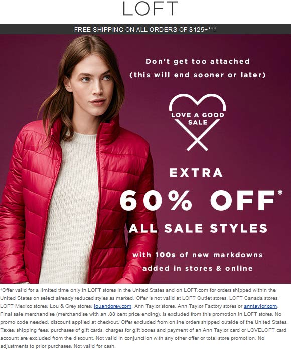 LOFT Coupon April 2024 Extra 60% off sale styles at LOFT, ditto online