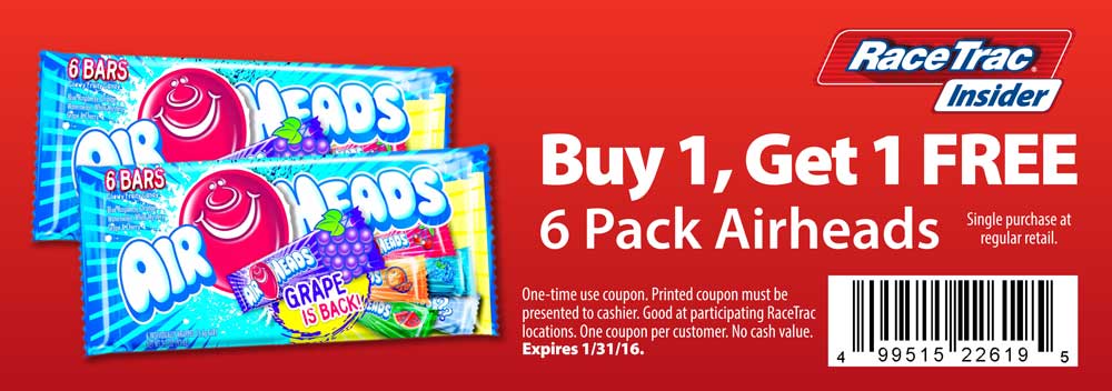 RaceTrac Coupon April 2024 Second pack of Airheads candy free at RaceTrac gas stations