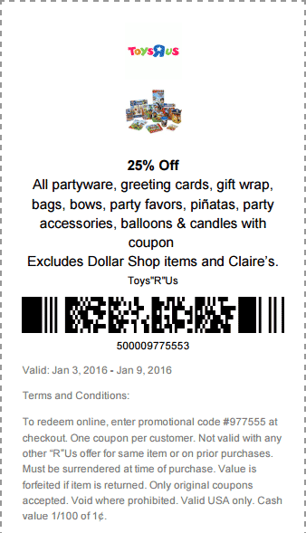 Toys R Us Coupon April 2024 25% off party supplies at Toys R Us, or online via promo code 977555