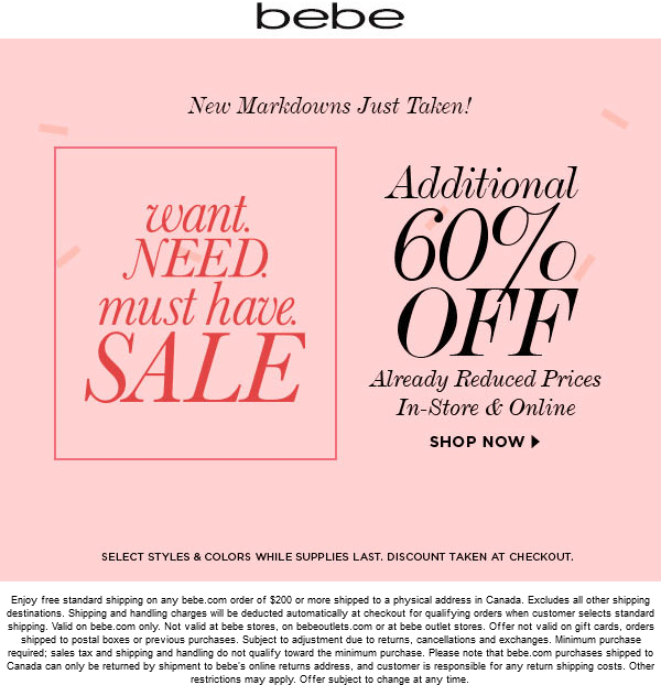 Bebe Coupon April 2024 Extra 60% off sale items at bebe, ditto online
