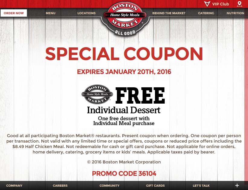 Boston Market Coupon April 2024 Free dessert with your meal at Boston Market