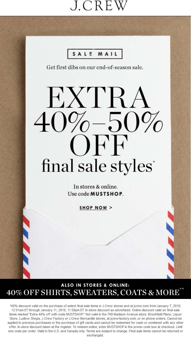 J.Crew Coupon April 2024 Extra 40-50% off clearance at J.Crew, or online via promo code MUSTSHOP