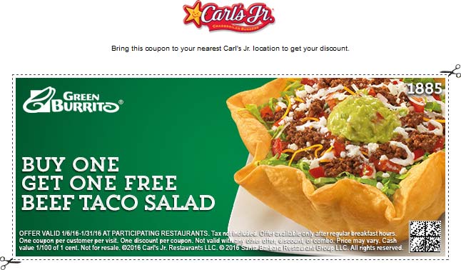 Carls Jr Coupon April 2024 Second beef taco salad free at Carls Jr restaurants