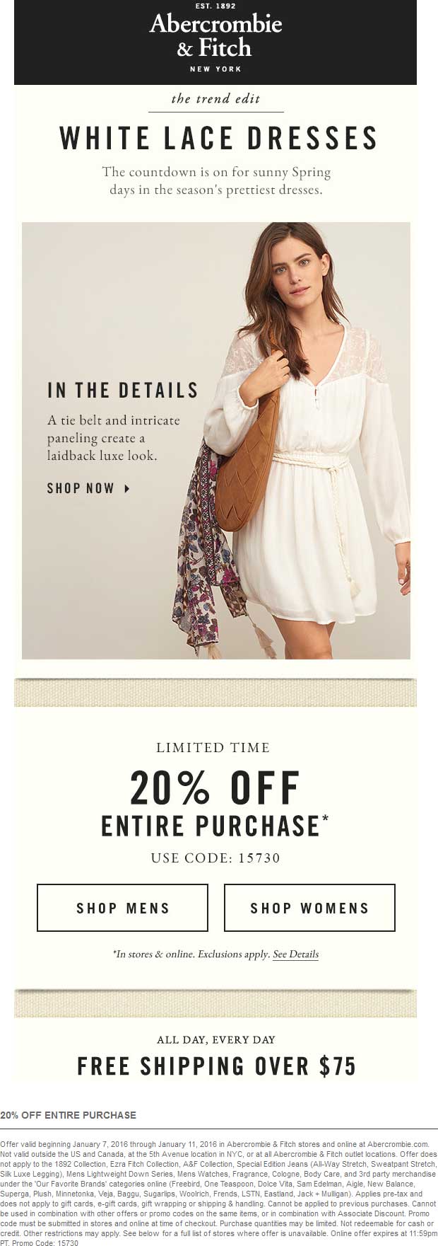 Abercrombie & Fitch Coupon April 2024 20% off at Abercrombie & Fitch, or online via promo code 15730