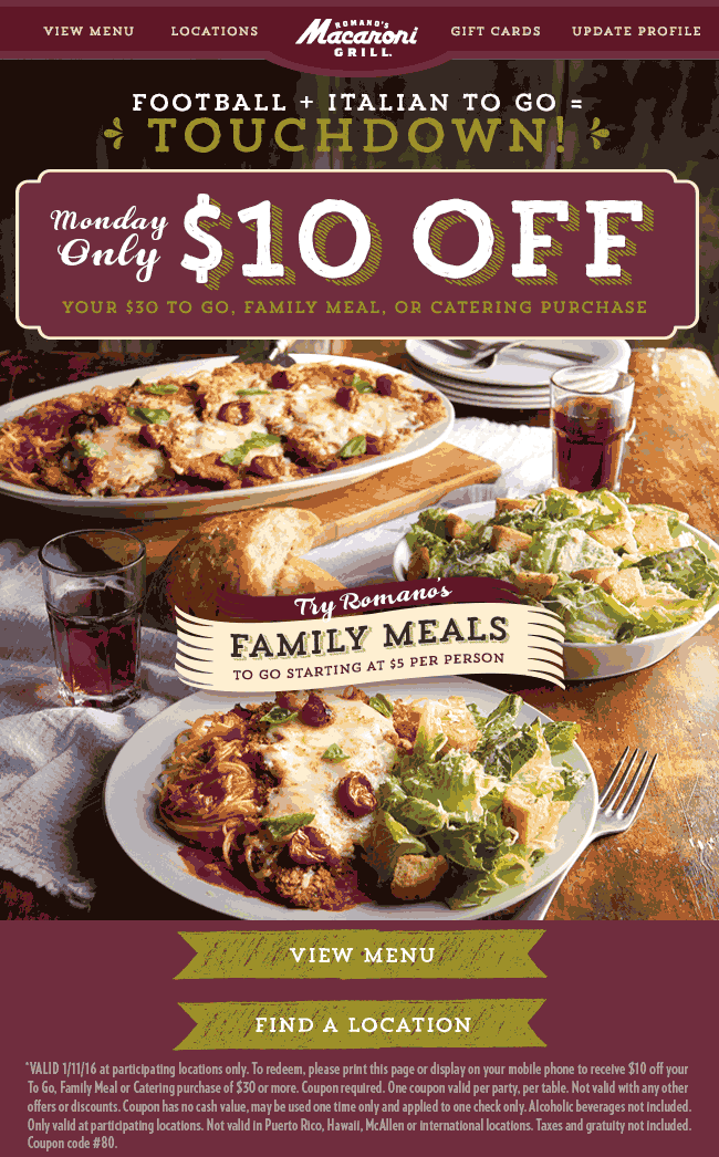Macaroni Grill Coupon April 2024 $10 off $30 on family meals & takeout Monday at Macaroni Grill
