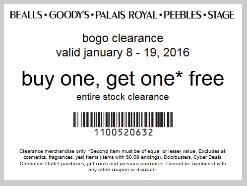 Bealls Coupon April 2024 Second clearance item free at Bealls, Goodys, Palais Royal, Peebles & Stage Stores, or online via promo code 1100520632