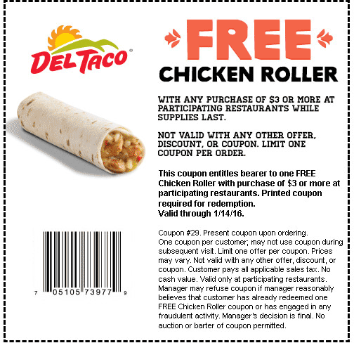 Del Taco Coupon April 2024 Free chicken roller with $3 spent at Del Taco