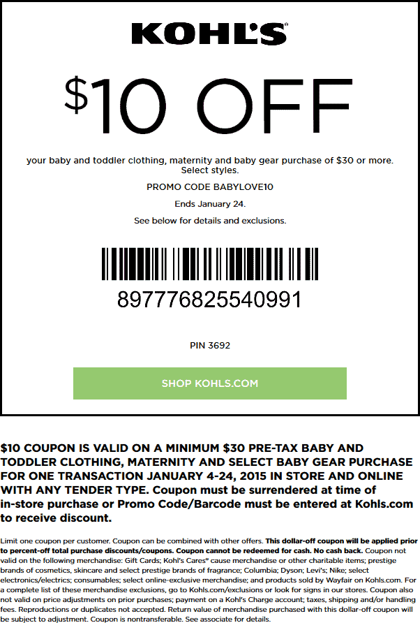 Kohls coupons - $10 off $30 on baby gear & maternity at
