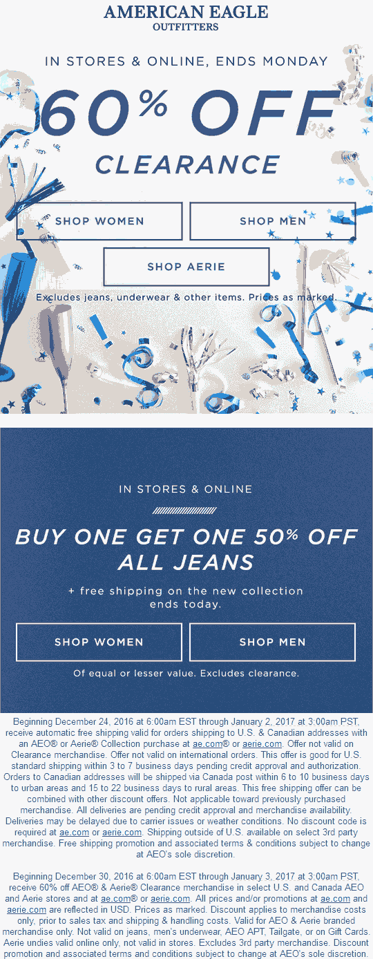 American Eagle Outfitters Coupon April 2024 Extra 60% off clearance at American Eagle Outfitters & Aerie, ditto online