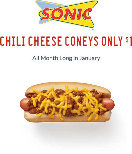 Sonic Drive-In Coupon April 2024 Chili cheese hot dogs for $1 all month at Sonic Drive-In restaurants