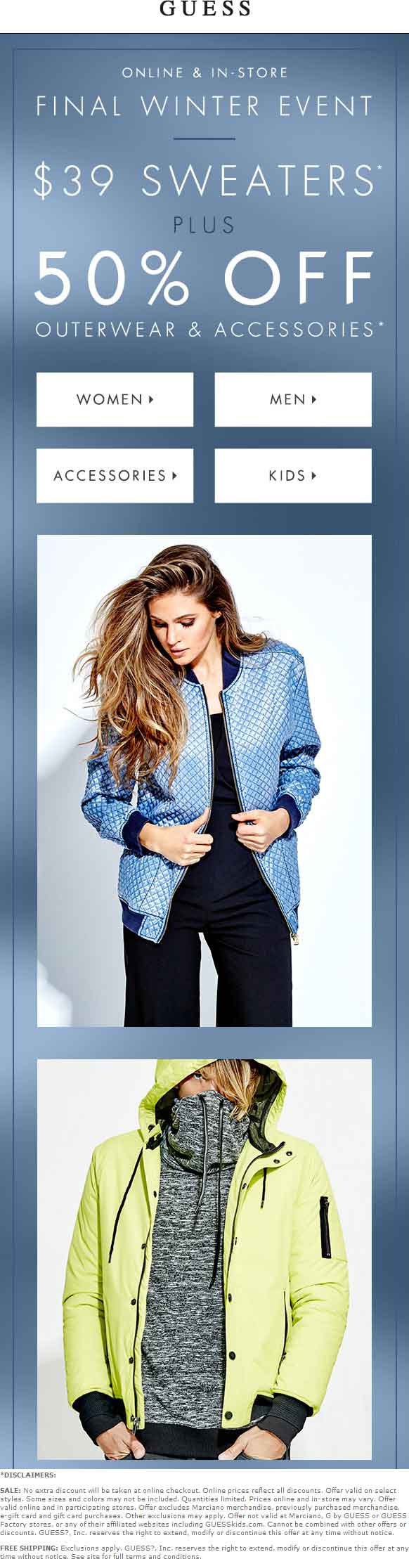 Guess Coupon April 2024 50% off outerwear at GUESS, ditto online