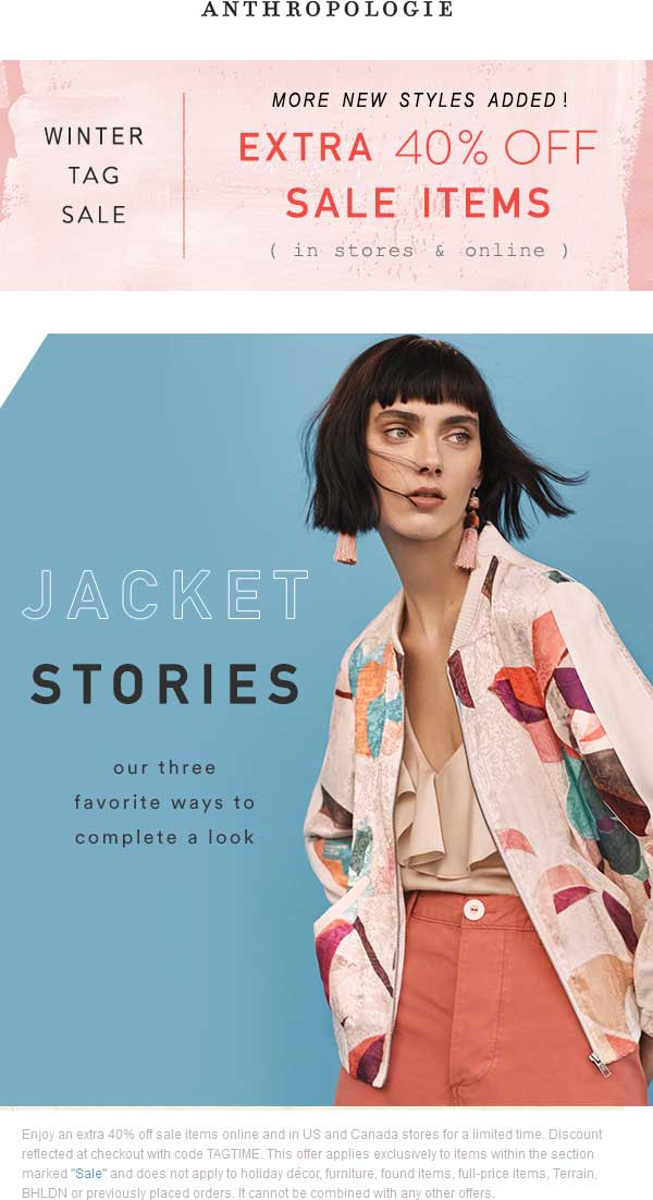 Anthropologie Coupon April 2024 Extra 40% off sale items at Anthropologie, or online via promo code TAGTIME