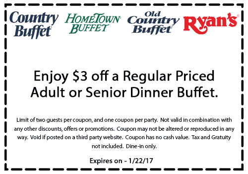 Hometown Buffet Coupon April 2024 $3 off at Old Country Buffet, Ryans & HomeTown Buffet restaurants