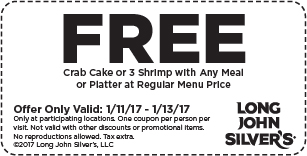 Long John Silvers Coupon April 2024 Free crab cake or shrimp with your meal at Long John Silvers