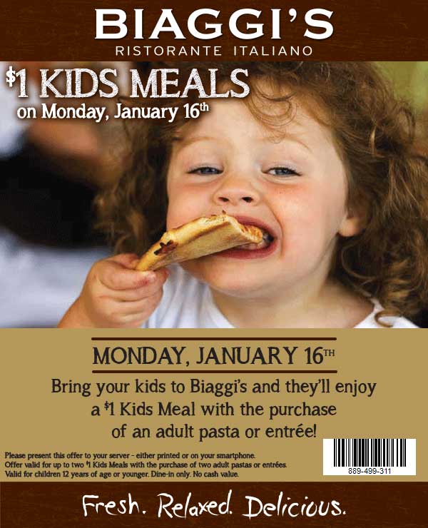 Biaggis Coupon April 2024 Kids meals for a buck Monday at Biaggis Italian restaurant