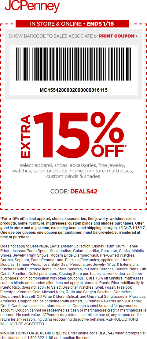 JCPenney Coupon April 2024 Extra 15% off at JCPenney, or online via promo code DEALS42