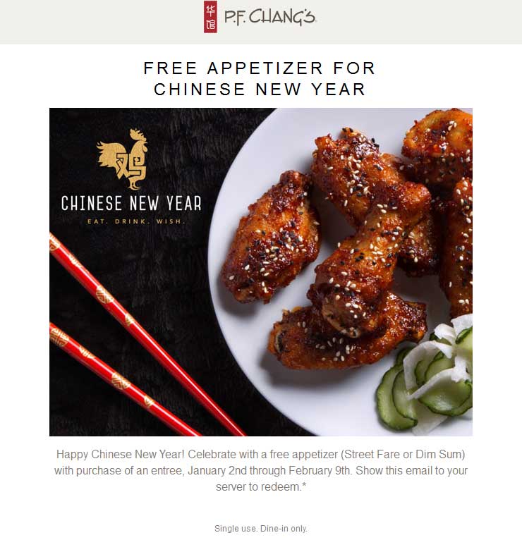 P.F. Changs Coupon March 2024 Free appetizer with your entree at P.F. Changs