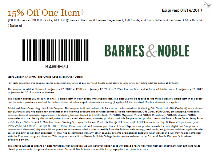 Barnes & Noble Coupon March 2024 15% off a single item at Barnes & Noble, or online via promo code BNJAN17