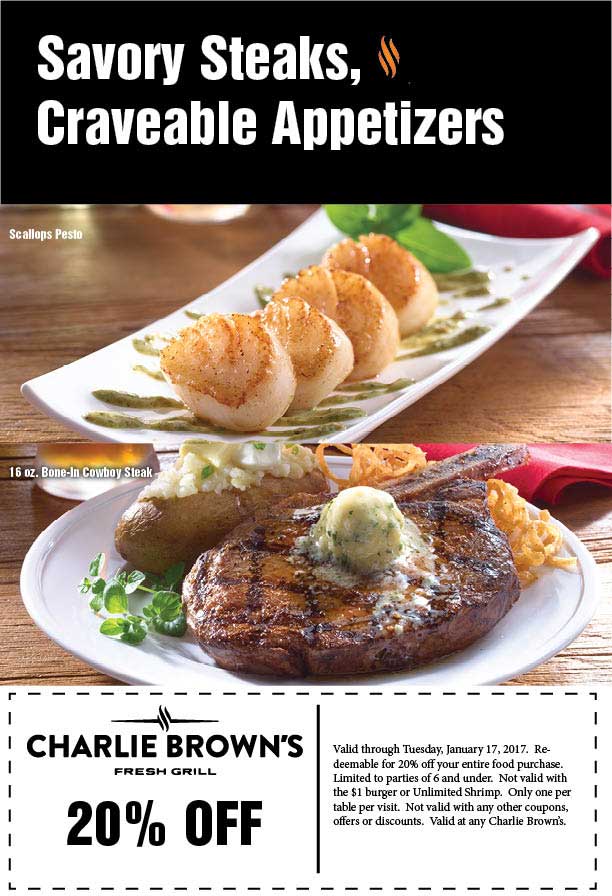Charlie Browns Coupon April 2024 20% off at Charlie Browns restaurant