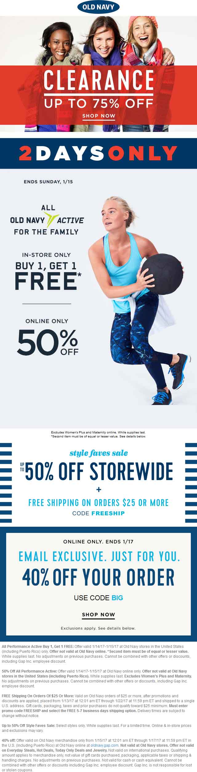 Old Navy Coupon April 2024 Second activewear item free at Old Navy, or 40% off everything online via promo code BIG