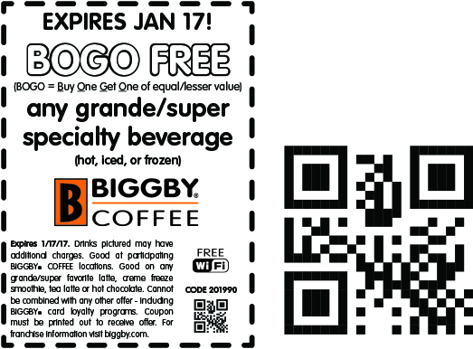 Biggby Coffee Coupon May 2024 Second beverage free at Biggby Coffee