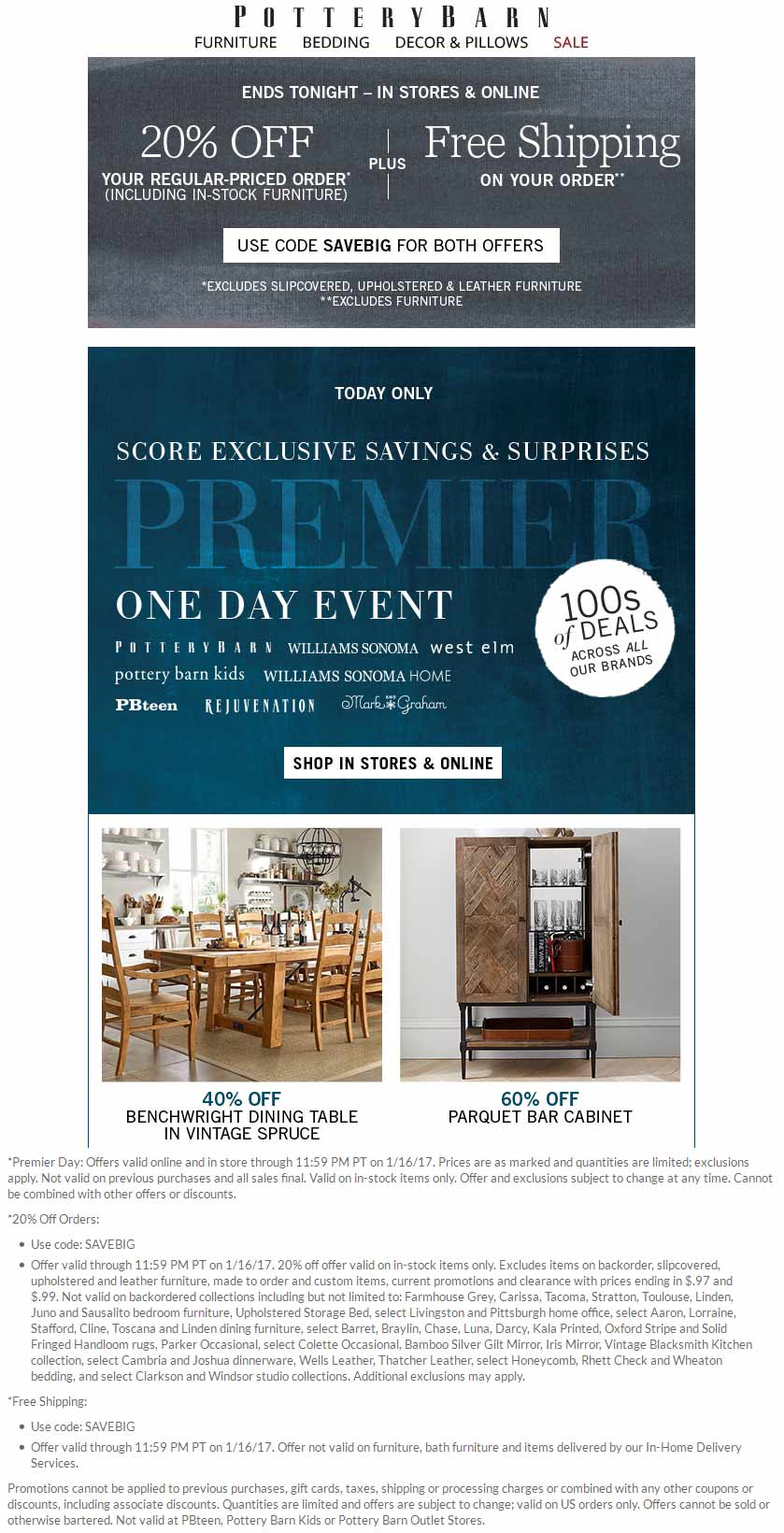 Pottery Barn Coupon March 2024 20% off today at Pottery Barn, or onine via promo code SAVEBIG