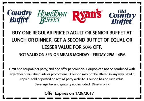 Old Country Buffet Coupon April 2024 Second buffet 50% off at Ryans, HomeTown Buffet & Old Country Buffet restaurants