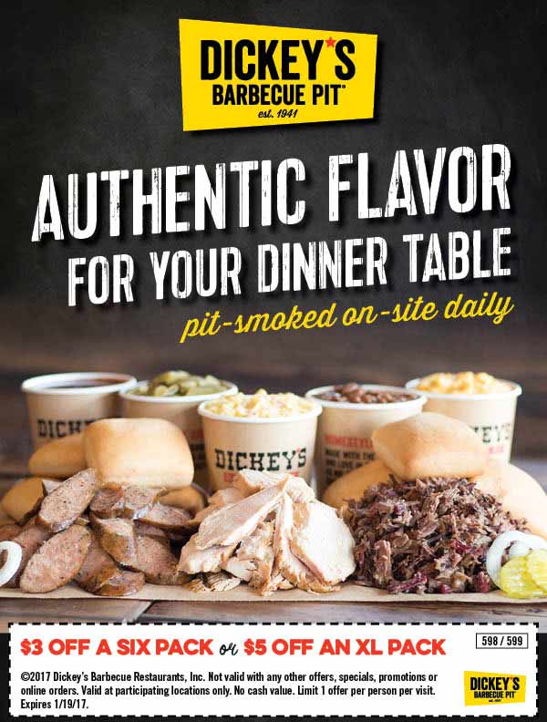 Dickeys Barbecue Pit Coupon April 2024 $3-$5 off meal packs at Dickeys Barbecue Pit