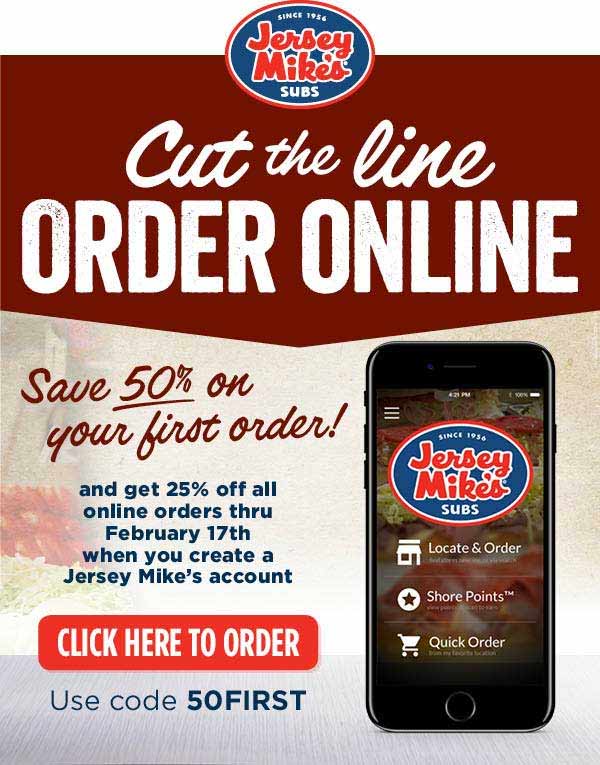 Jersey Mikes Coupon April 2024 50% off your 1st order, 25% off others online at Jersey Mikes subs via promo code 50FIRST