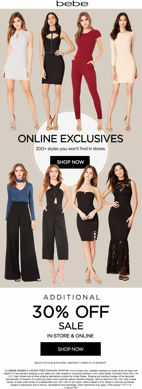 Bebe Coupon April 2024 Extra 30% off at bebe, ditto online