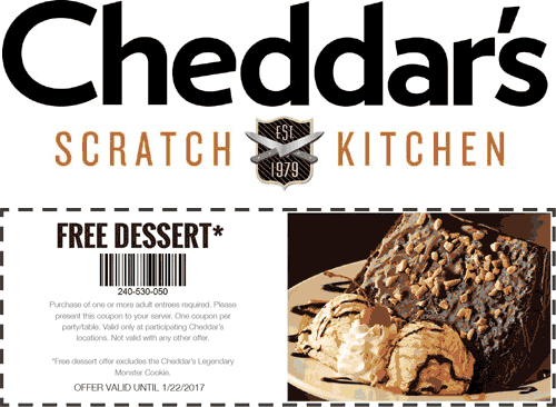 Cheddars Scratch Kitchen Coupon March 2024 Free dessert with your meal at Cheddars Scratch Kitchen