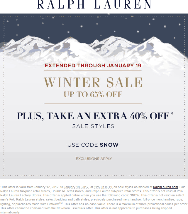 Ralph Lauren Coupon April 2024 Extra 40% off sale items at Ralph Lauren, or online via promo code SNOW