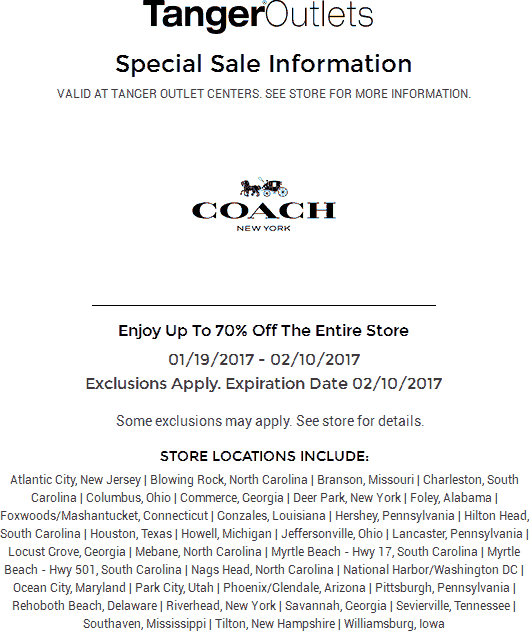 Coach Coupon April 2024 70% off sale going on at Tanger Outlet Coach locations