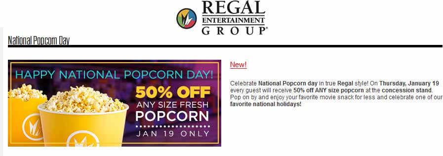 Regal Cinemas Coupon March 2024 50% off popcorn today at Regal Cinemas, United Artists Theatres & Edwards Theatres