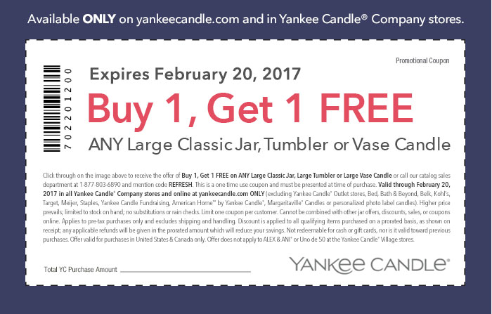Yankee Candle Coupon April 2024 Second large candle free at Yankee Candle, or online via promo code REFRESH