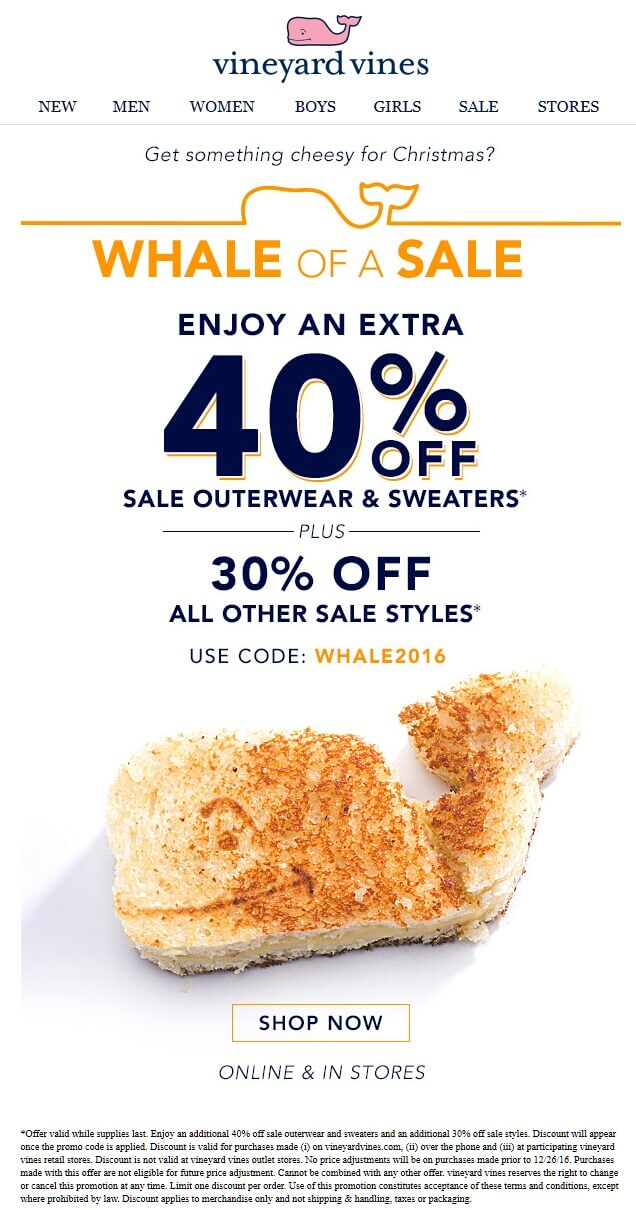 Vineyard Vines Coupon April 2024 Extra 30-40% off sale styles at Vineyard Vines, or online via promo code WHALE2016