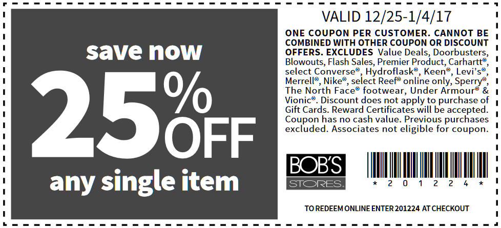 Bobs Stores Coupon April 2024 25% off a single item at Bobs Stores, or online via promo code 201224