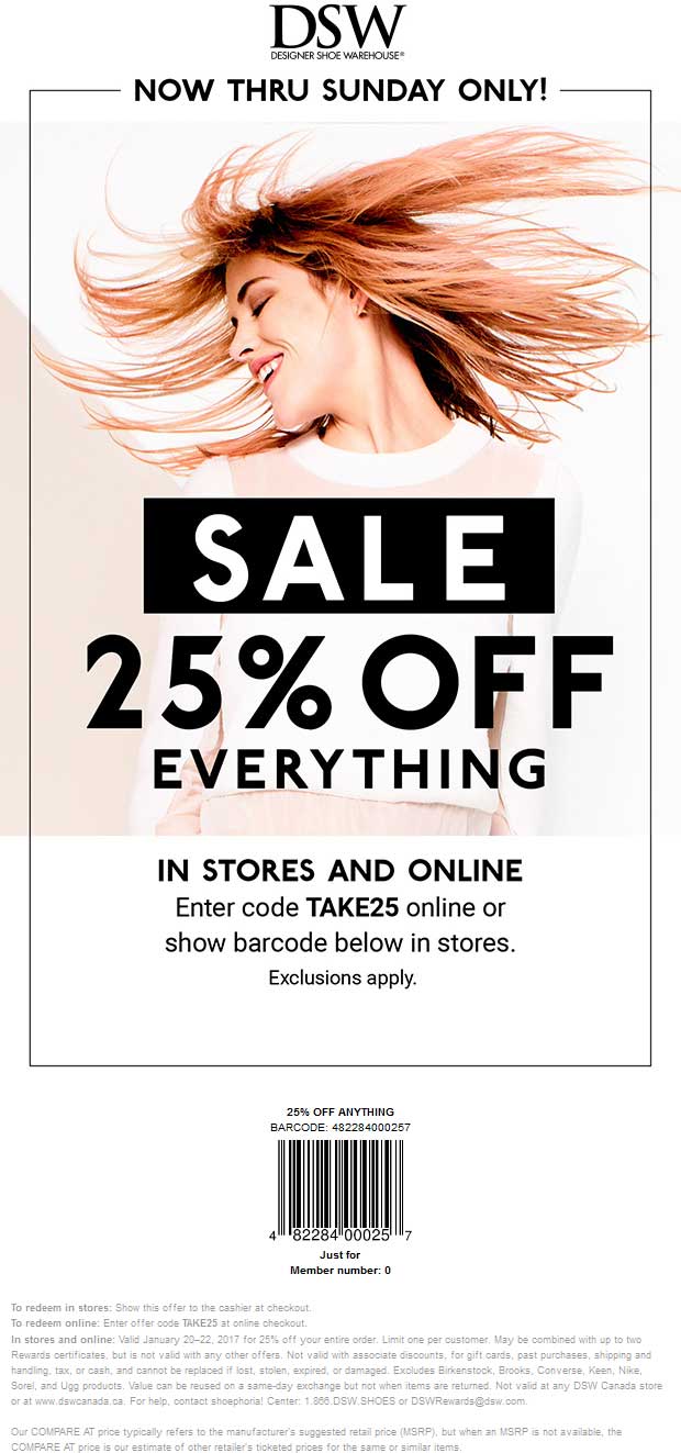 DSW Shoes Coupon April 2024 25% off everything at DSW Shoes, or online via promo code TAKE25