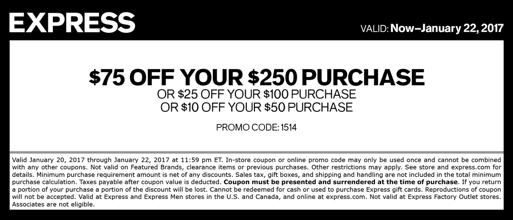Express Coupon April 2024 $10 off $50 & more at Express, or online via promo code 1514