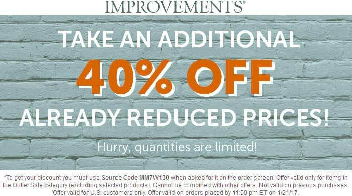 Improvements Coupon March 2024 Extra 40% off the outlet items online today at Improvements catalog