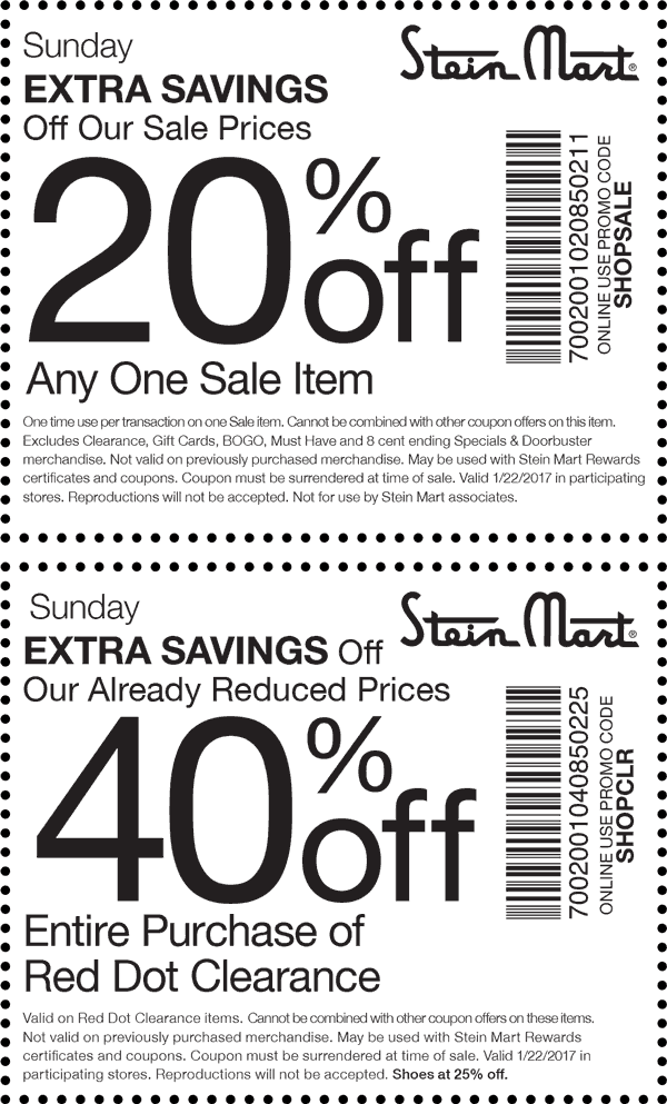 Stein Mart Coupon April 2024 Extra 20% off a sale item & more today at Stein Mart, or online via promo code SHOPSALE