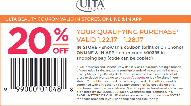 Ulta Beauty Coupon April 2024 20% off at Ulta Beauty, or online via promo code 400295