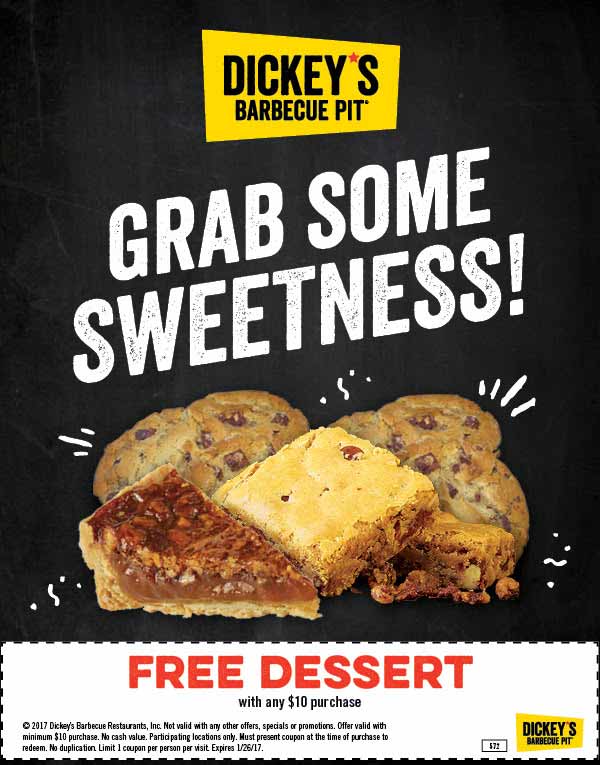 Dickeys Barbecue Pit Coupon April 2024 Free dessert with $10 spent at Dickeys Barbecue Pit