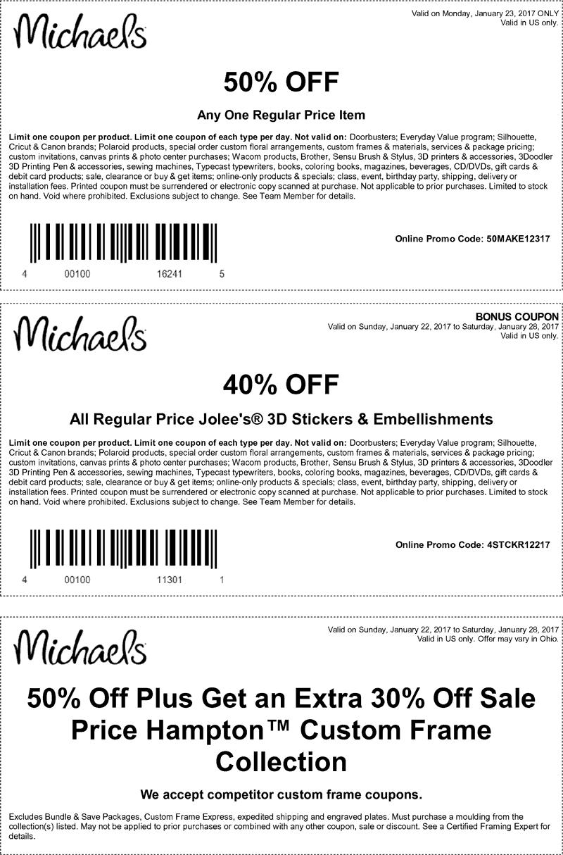 Michaels Coupon April 2024 50% off a single item today at Michaels, or online via promo code 50MAKE12317