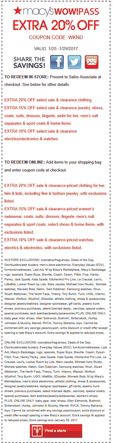 Macys Coupon April 2024 Extra 20% off at Macys, or online via promo code WKND