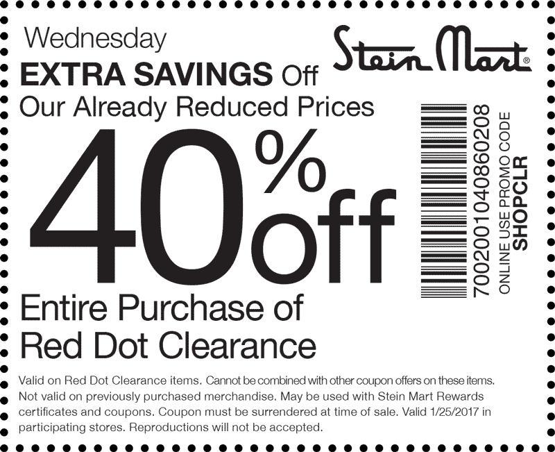 Stein Mart Coupon April 2024 Extra 40% off red dot clearance today at Stein Mart, or online via promo code SHOPCLR