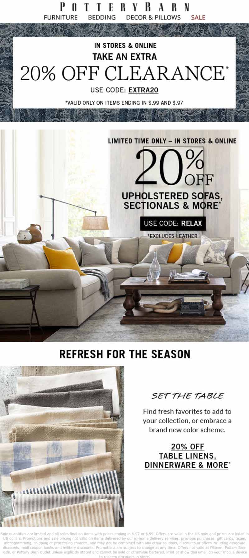 Pottery Barn Coupon May 2024 Extra 20% off clearance at Pottery Barn, or online via promo code EXTRA20