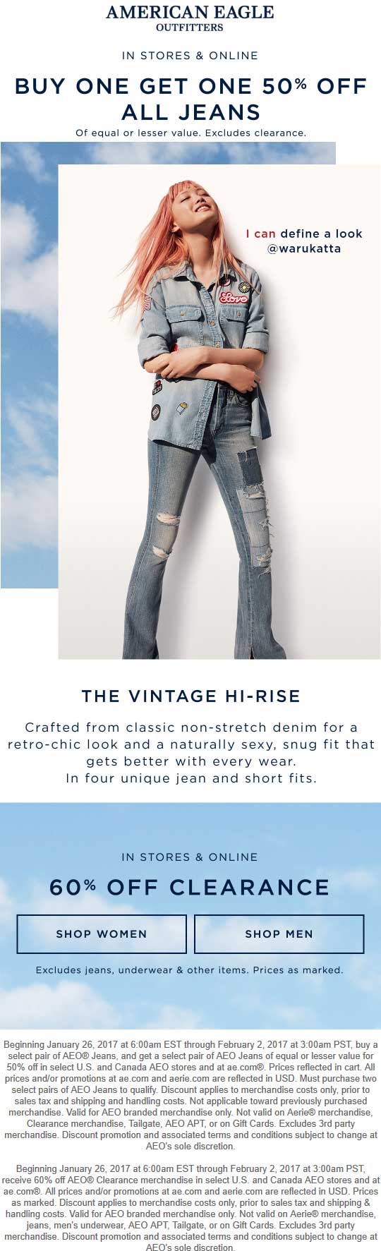 American Eagle Outfitters Coupon April 2024 Second pair jeans 50% off + 60% off clearance at American Eagle Outfitters, ditto online