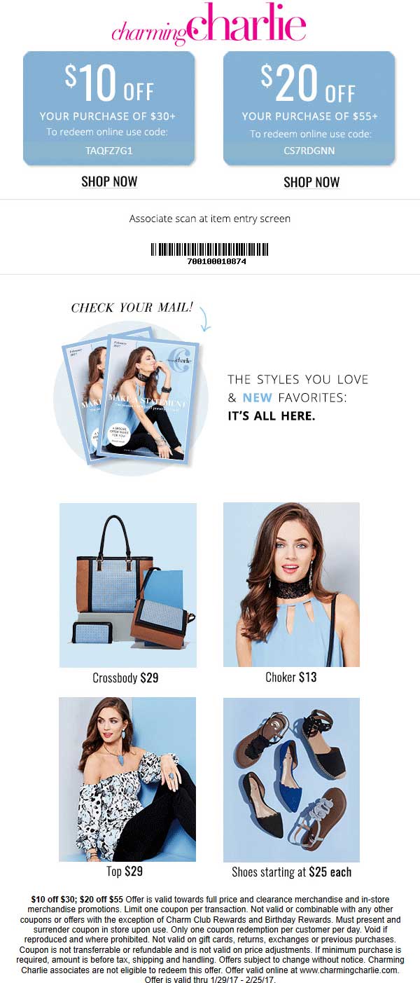Charming Charlie Coupon April 2024 $10 off $30 & more at Charming Charlie, or online via promo code TAQFZ7G1