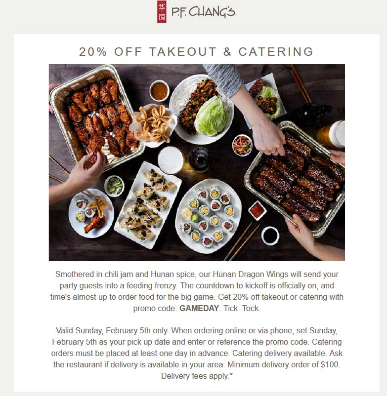 P.F. Changs Coupon April 2024 20% off takeout or catering Sunday at P.F. Changs via promo code GAMEDAY